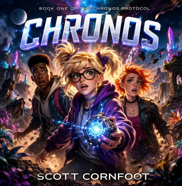 Chronos concept cover: Charlie, Niles and Moira holding the Chronos device
