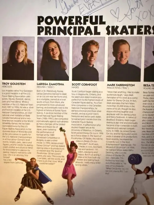 Signed 1997 Disney On Ice — Hercules program page listing the principal skaters